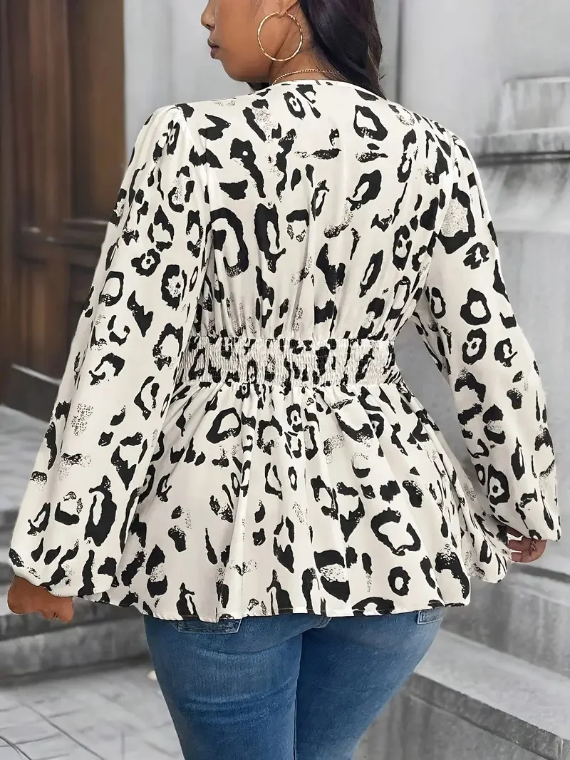 Neues Leopardenmuster Modisches und Elegantes Übergrößen-Damen-Langarmhemd mit Taillenbetonung – Detail 7