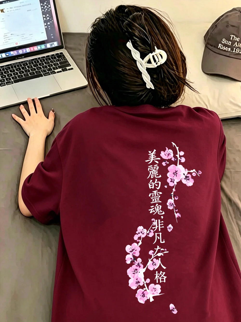 Beautiful Soul Sakura Branches Prints T-Shirts Damen-T-Shirts aus Baumwolle für den Sommer, kurzärmelig, O-Ausschnitt, übergroße Oberteile, weiche Streetwear-Kleidung – Detail 23