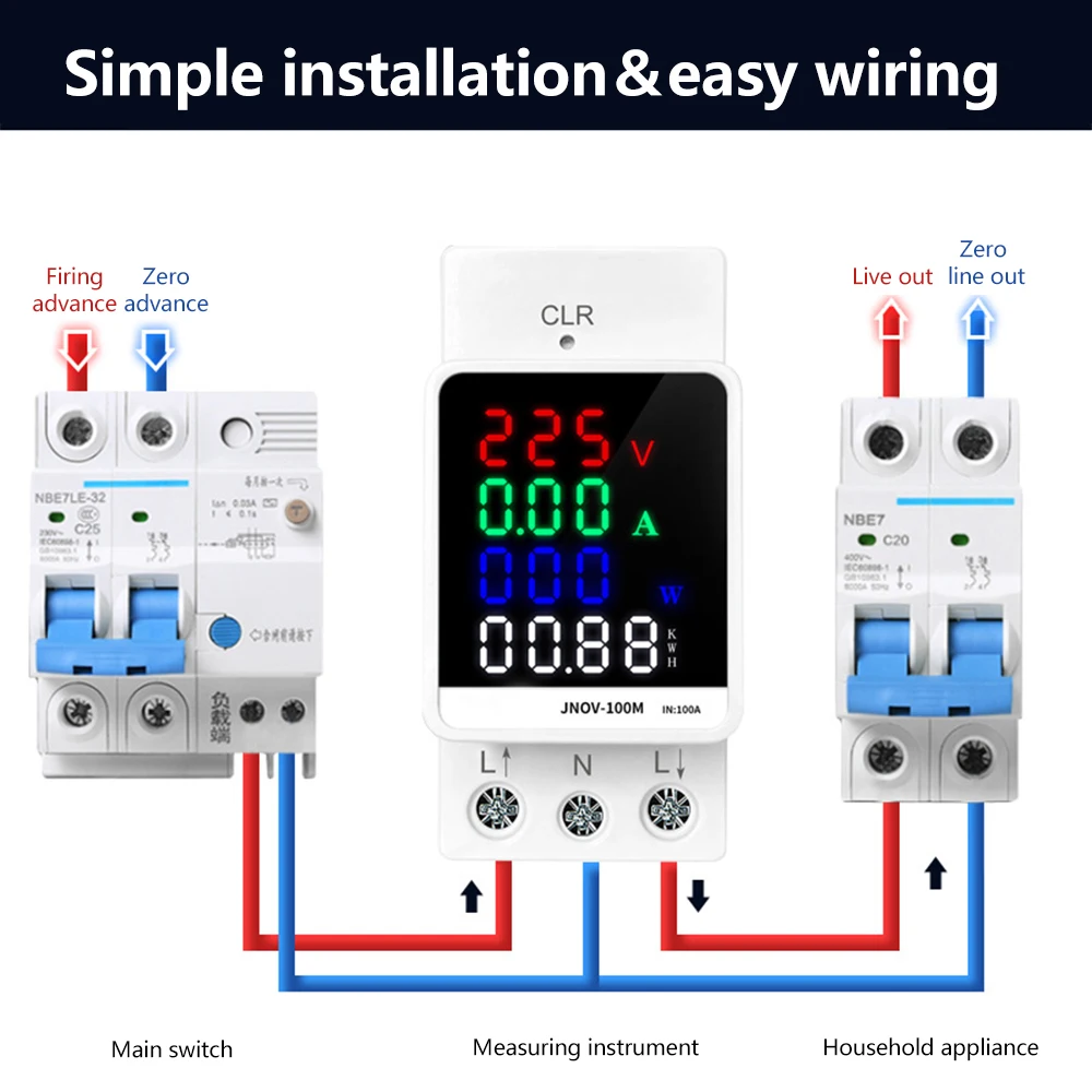 Medidor inteligente de trilho din, 100a, 25kw, ac 70 ~ 270v, voltímetro, display digital colorido, medidor de energia de tensão com função de memória desligada