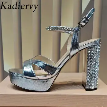 夏季超高跟涼鞋 女款水鑽鑲嵌粗跟派對鞋 女款水晶厚底涼鞋 10 最佳銷售 水晶鞋 - №3