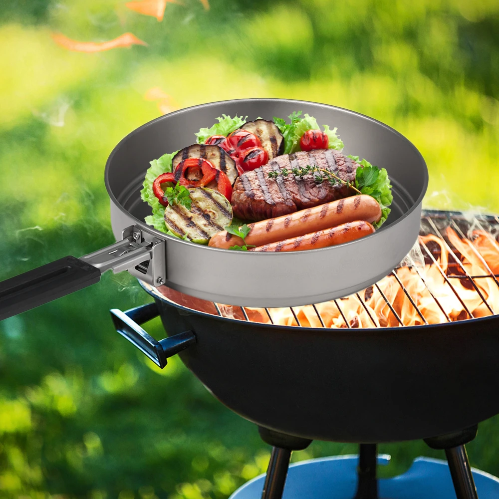 Lixada frigideira de titânio ultraleve 1100ml, frigideira com alça dobrável para cozinhar ao ar livre, acampamento, caminhadas, mochilão