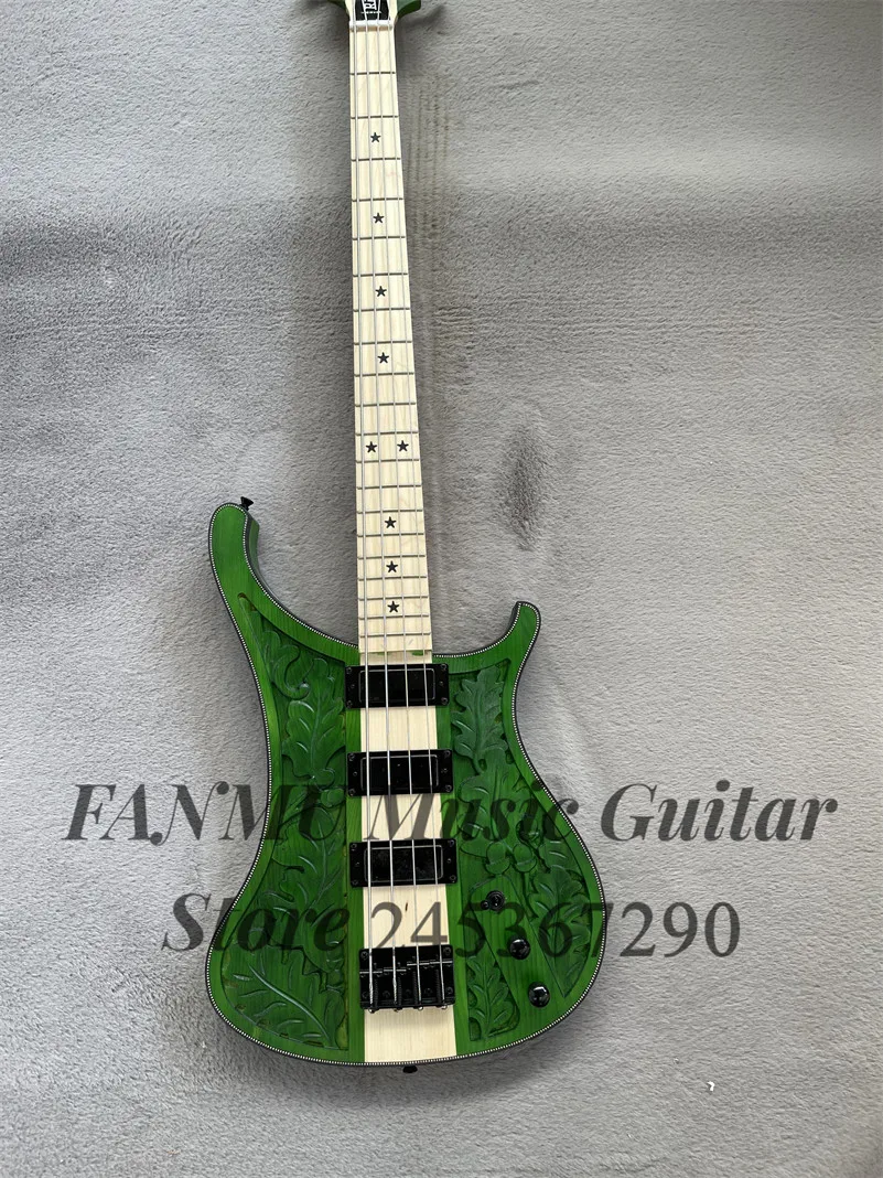 Matte green Bass 4-string electric bass Maple neck through ash wood body carved pattern stars inlaid maple fingerboard