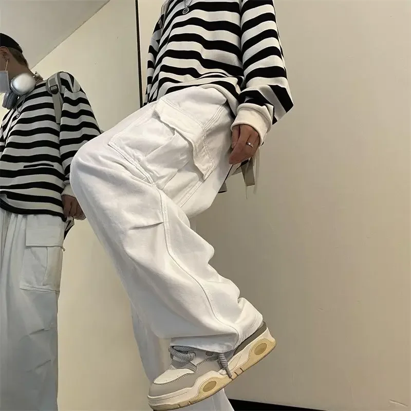 Vintage Washed Straight Leg Jeans Unisex Baggy Cargo Denim Pants American Casual Floor Length Trousers Streetwear Fashion