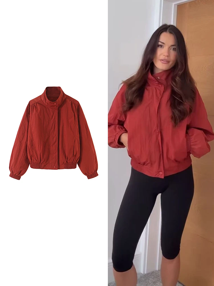TFMLN Autumn Women Solid Bomber Jacket Stand Collar Elastic Hem Casual Loose Fit Outer Coat Daily Simple New Lady Outfits