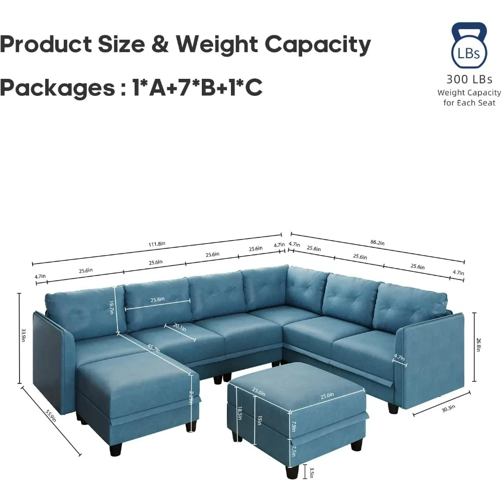 Sofa, Oversized U Shaped Sofa with Storage, Sectional Couch Living, 7 Seats with Ottoman, Faux Leather Fabric Waterproof Sofas