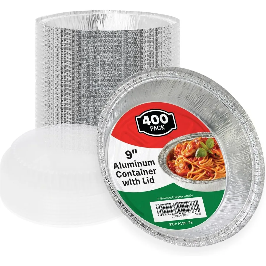 

9 круглых сковородок из алюминиевой фольги с прозрачными куполообразными крышками для приготовления пищи, выпечки, разогреваемых одноразовых сковородок на вынос, 9 дюймов, 400 комплектов