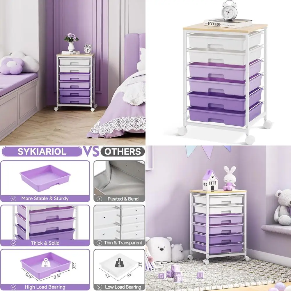 

Adjustable Rolling Cart with 6 Drawers, Storage Cart with Wooden Top and Lockable Wheels