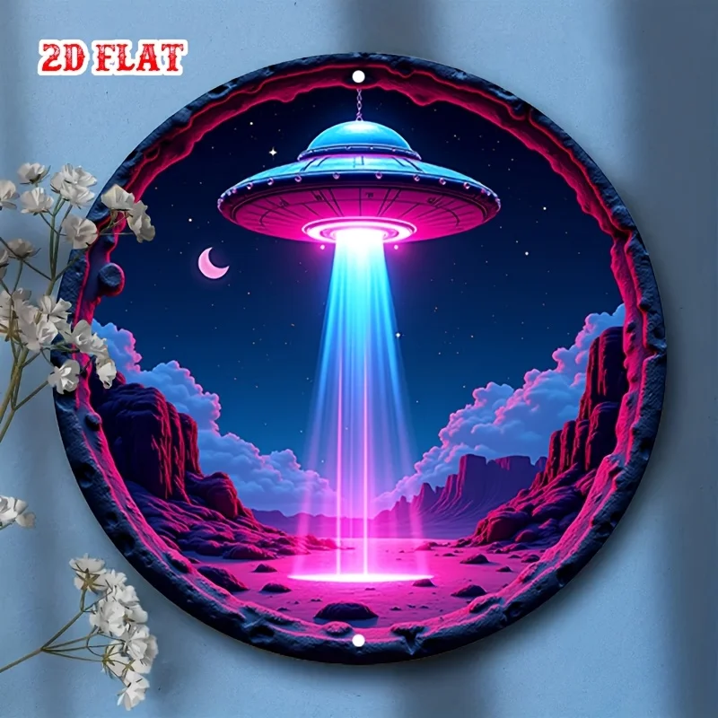 2D شقة 1 قطعة علامة معدنية خمر الغريبة لقاء: أسرار ما وراء الأرض الألومنيوم ملصق دائري ريترو خمر نظرة جدار الفن لشريط #3