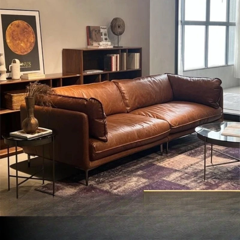 Retro oil wax leather leather sofa Italian minimalist first layer cowhide mid-ancient style living room leather art hug sofa new