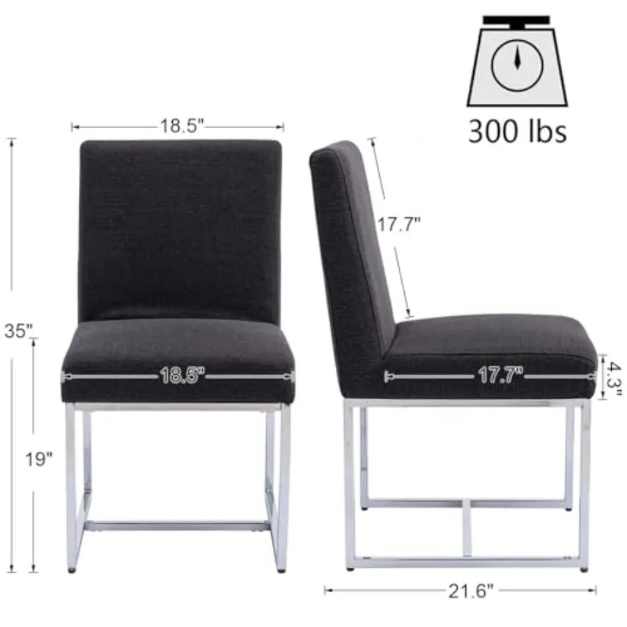 Modern Dining Chairs Set of 2, Upholstered Linen, Charcoal Black, Ergonomic Back Support Polished Silver Metal Frame for Home K