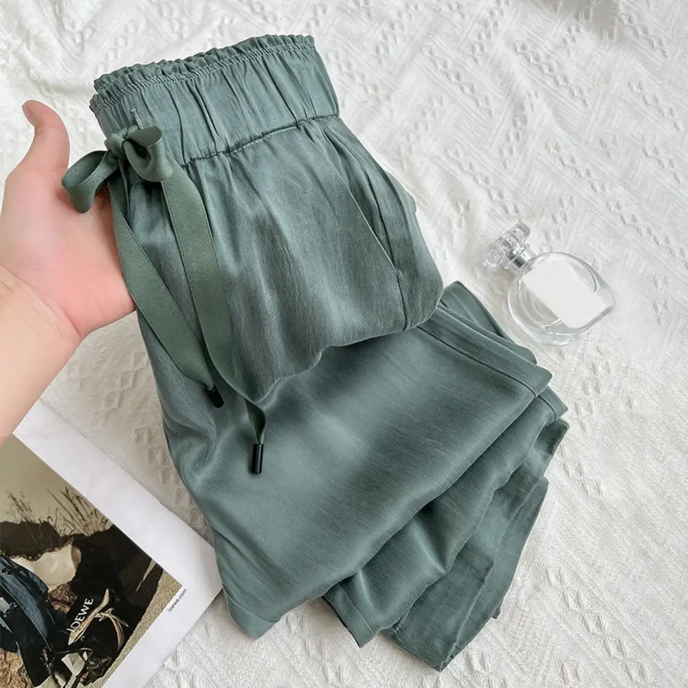 Trendy Lady Slacks Elastic Waistband Breathable Thin Wide Leg Draping Casual Pants  Colorfast Long Pants Streetwear