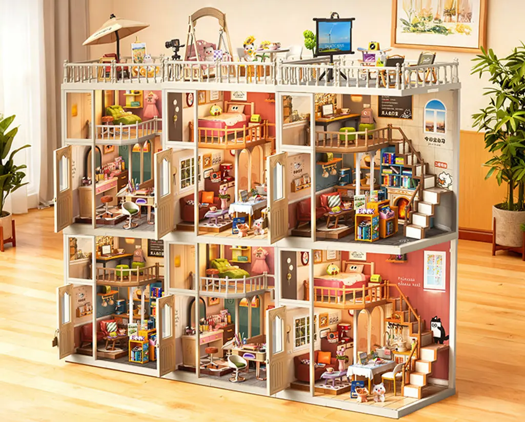 DIY Mini Townhouse Loft Villa Kit, 3-Story Dollhouse Building Model, Creative Miniature Scene Playset, Educational Toy