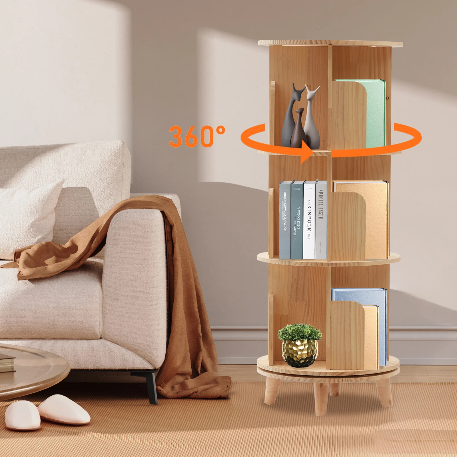 

3-Tier Rotating Bookshelf with Baffle and Leg 360 Display Bookcase Multi-Functional Bookshelf Organizer for Living Room Bedroom