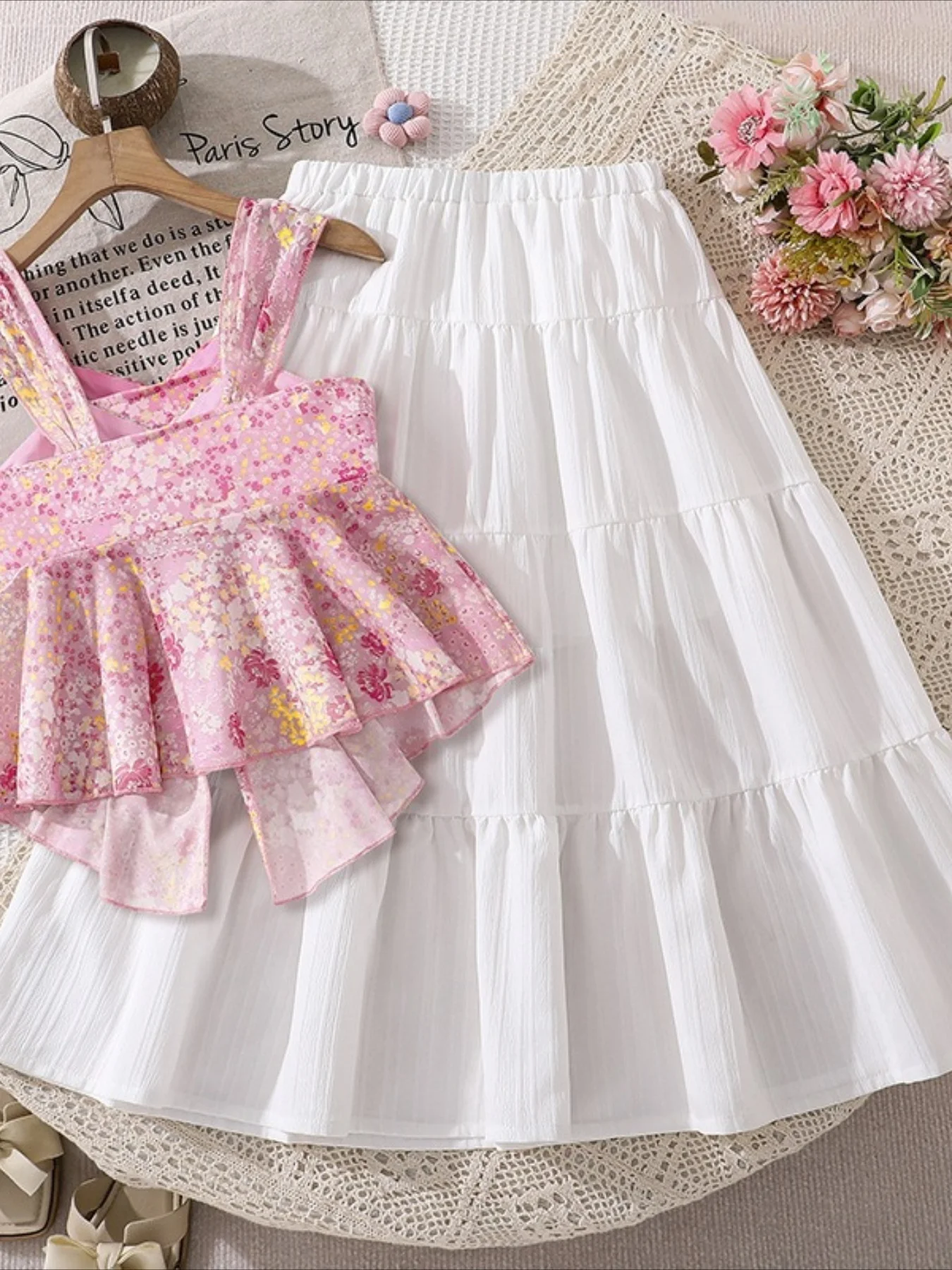 Girls' set Children's Outfit spring and summer new style French sweet floral irregular camisole vest half skirt two pieces