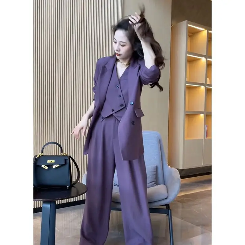 Setelan jaket Blazer wanita, Blazer rompi celana kaki lebar, tiga potong Set pakaian kantor elegan gaya Korea musim semi