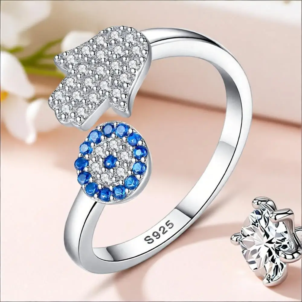 

Charm 925 Sterling Silver Blue Evil Eye Cubic Zircon Open Adjustable Rings for Women Girls Anniversary Party Trendy Jewelry Gift