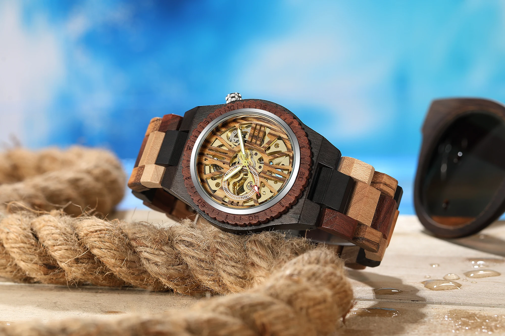 Top Brand Luxury Mens Watches Round Automatic Watch for Men Fashion Wood Clock Adjustable Wooden Braacelet Mechanical Wristwatch