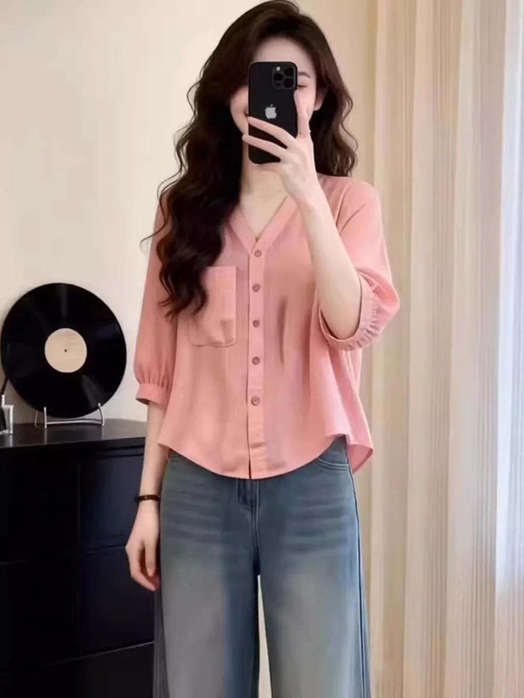 

Elegant V-Neck Pink Slimming Fashionable Summer Shirt for Women plus Size Comfortable Korean Style Loose Fit Regular Sleeve L...