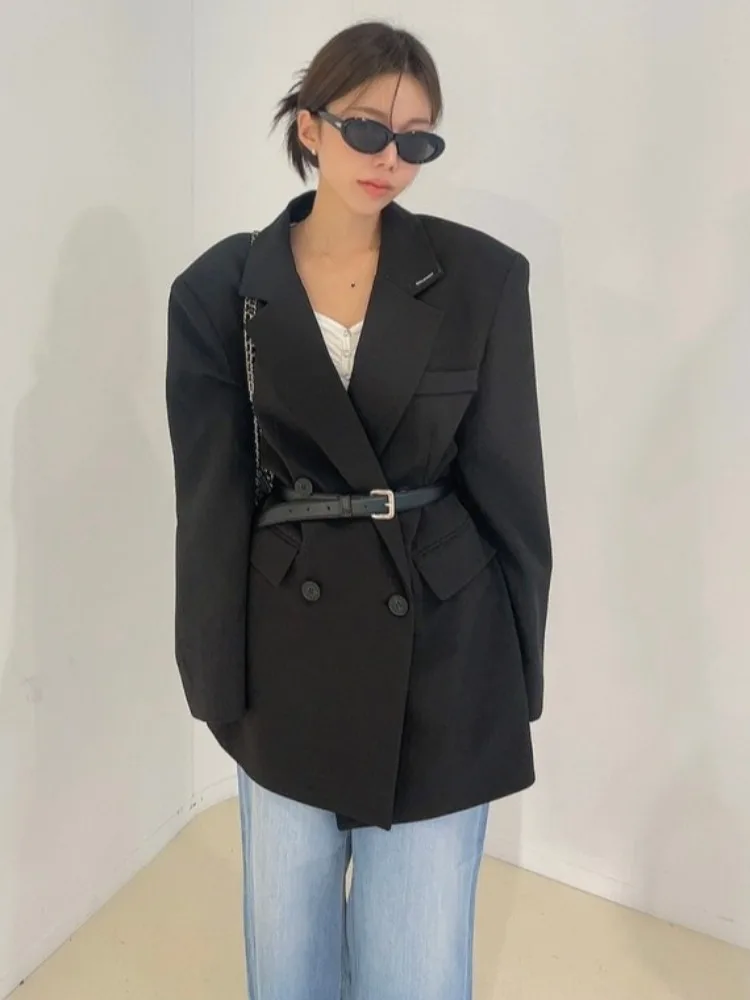 

Double-Row Button Women's Suit Loose Fit Lapel Ba Button Design Spring Autumn Street Sle Casual Outerwear Top