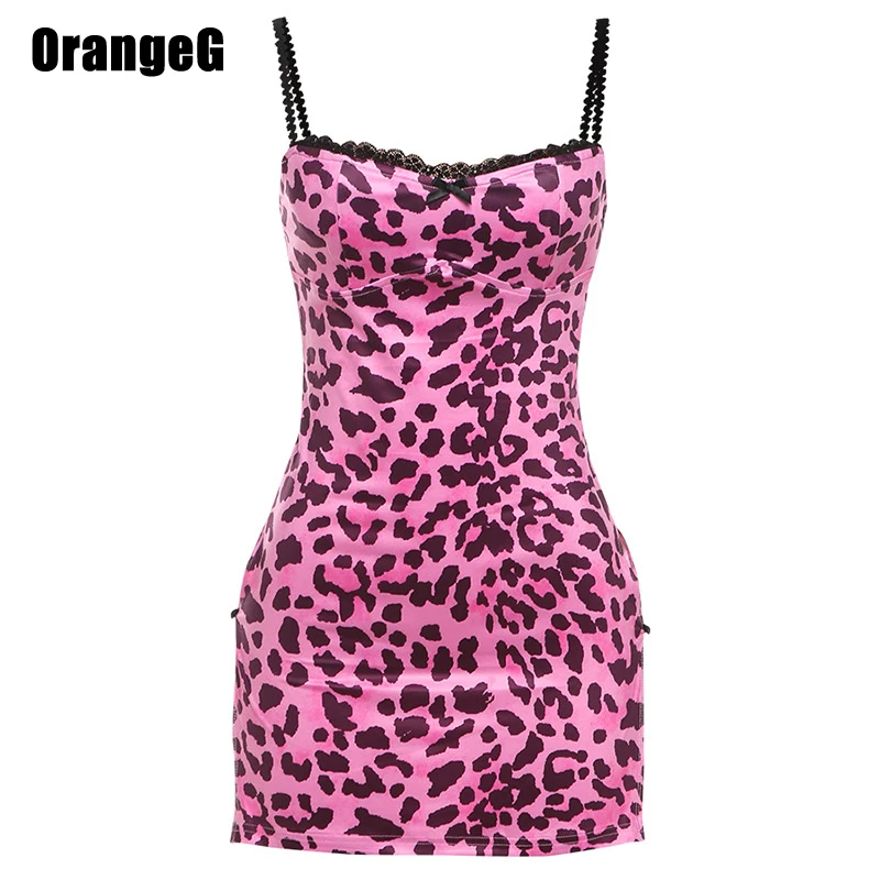 OrangeG Leopard Sexy Mini Dress Women Spaghetti Strap Slit Sheath Sleeveless Low Cut Animal Print Wrap Backless Outfits 2024