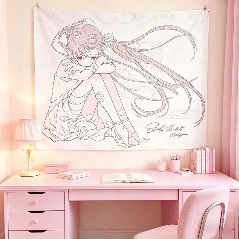 VIKAMA Anime Girl Line Art Wall Hanging, Kawaii Cute Cartoon Girl Sketch Tapestry for Teen Girl Room Aesthetic Decor