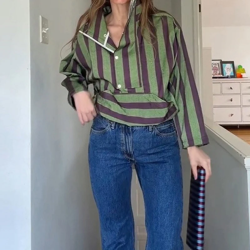Casual Long Sleeved Hooded Pullover Vintage Collar Single Breasted High Waisted Blouses Fashion Stripes Loose Office Commute Top