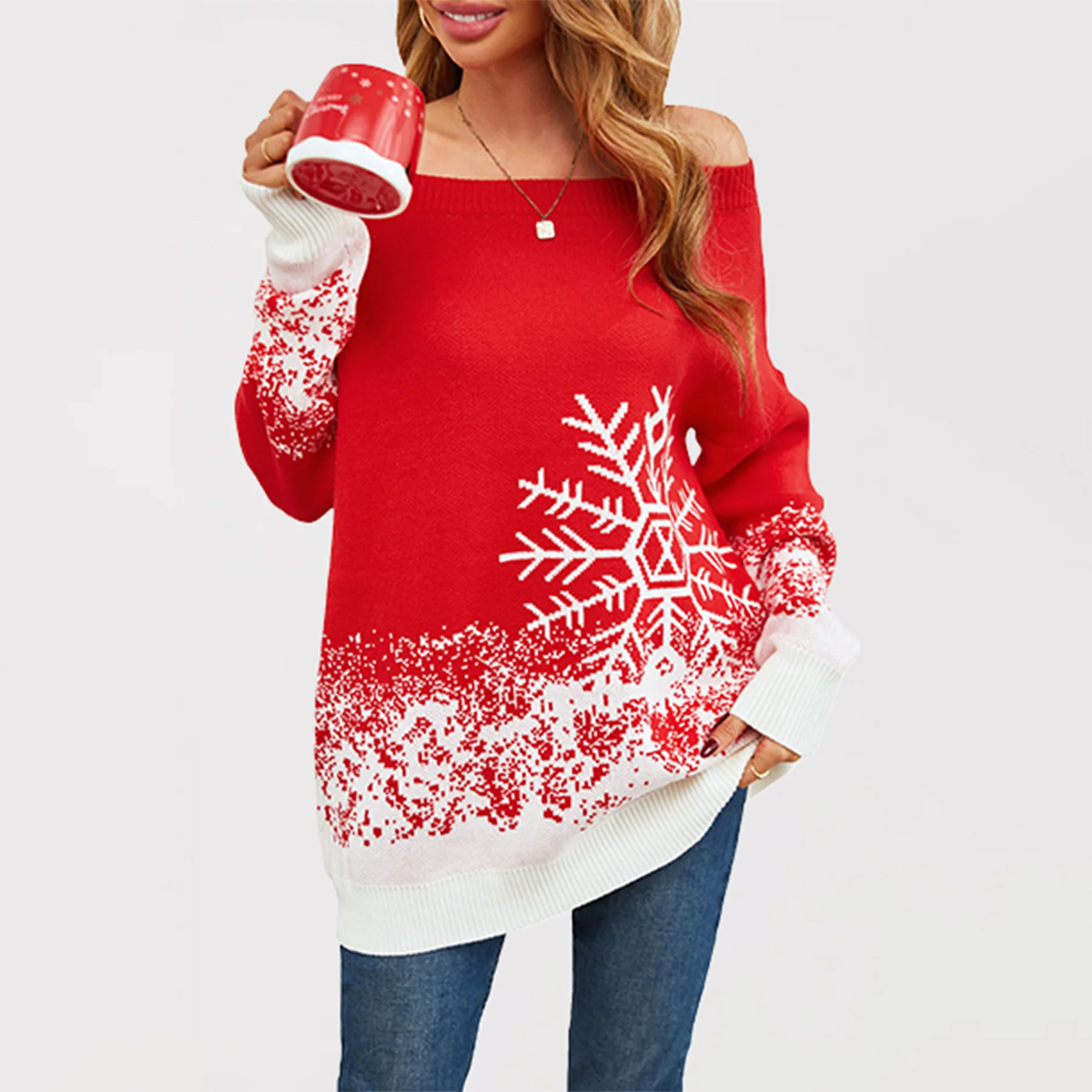 Women's New Fall/winter Off-the-shoulder Snowflake Spell Color Pullover Knit Sweater, Christmas Patchwork Mid-length Sweater