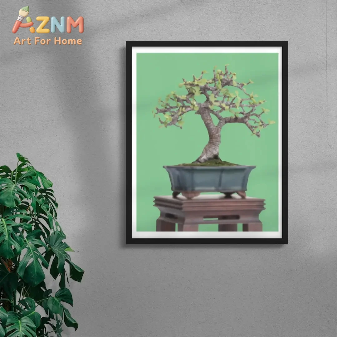 

Japanese Bonsai Tree Framed Wall Art - Minimalist Green Botanical Print for Zen Home Decor