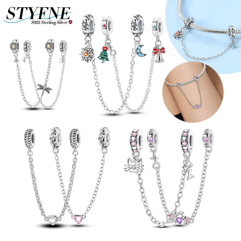

925 Sterling Silver Christmas Tree Lucky Safety Chain Fixed Buckle Fit Original Bracelet Diy Beaded Jewelry for Women