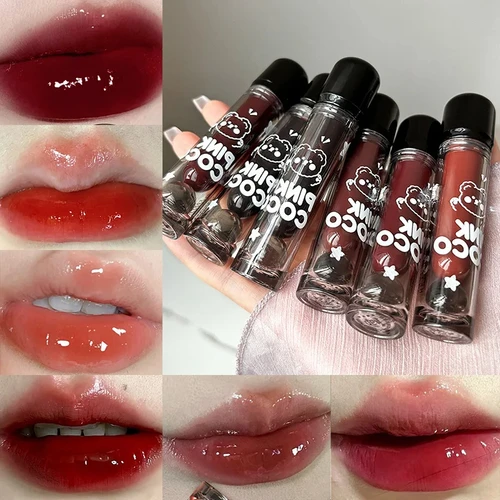 Imagen 1 del producto Bear Doodle Mirrors Lip Glaze lápices labiales líquidos brillo de labios brillante de larga duración estudiantes amigable brillo de la piel lápiz labial desnudo 2025