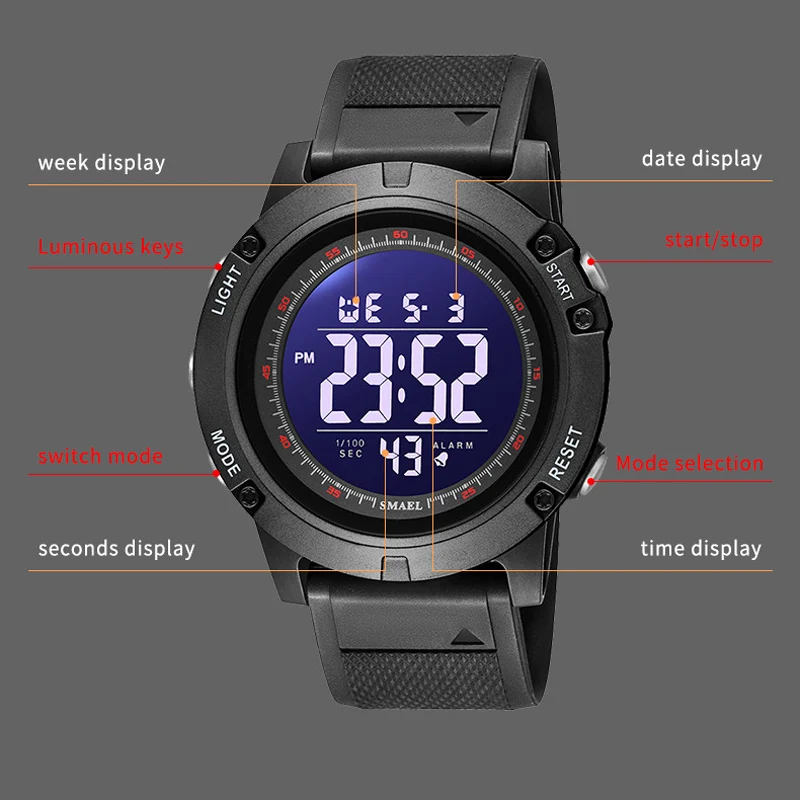 SMAEL Youth Digital Sport Watches for Men Waterproof Stopwatch LED Electronic Back Light Alarm Wristwatch Male Gifts