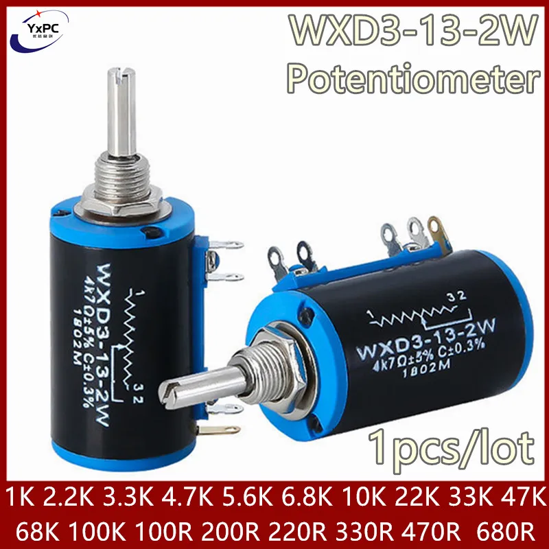 WXD3-13-2W-10K 권선 멀티 턴 전위차계 로터리 스위치, 100, 200, 220, 470/680 ohm, 1K, 2.2K, 4.7K, 5.6K, 6.8K, 47K, 68K, 100K