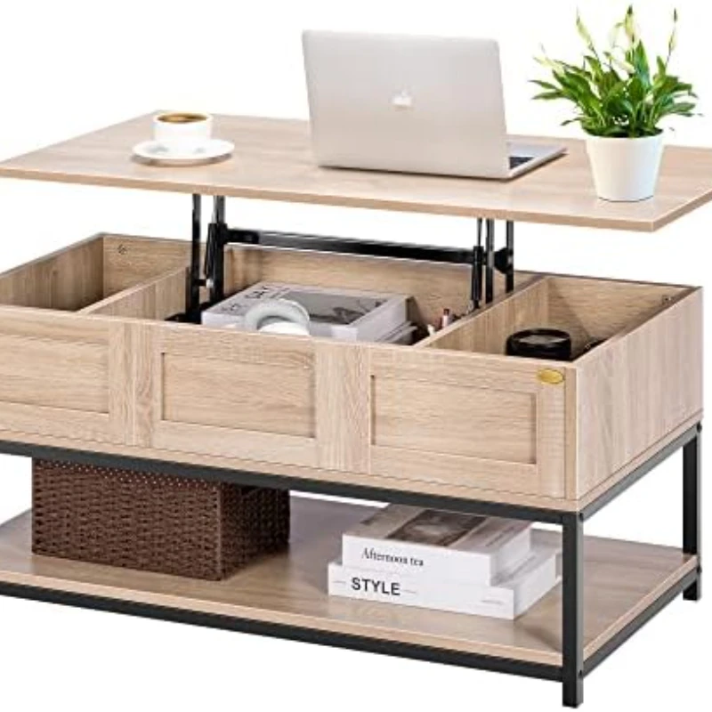 Top Coffee Table with Steel Frame, Dining Table with Open Storage and Hidden Compartment, Suitable for Living Room, Office, Smal