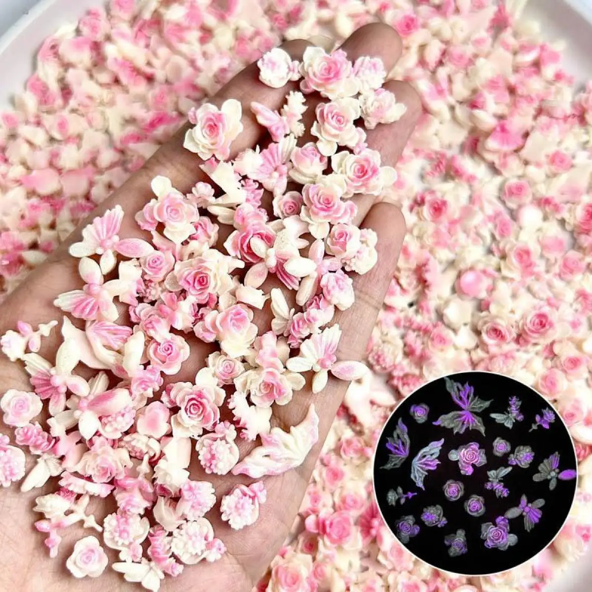 Mixed Sweet Pink Beige Spliced Flower Nail Charms Resin Night Light Dual Color Gradient Butterfly Nail Art Decoration DIY Crafts