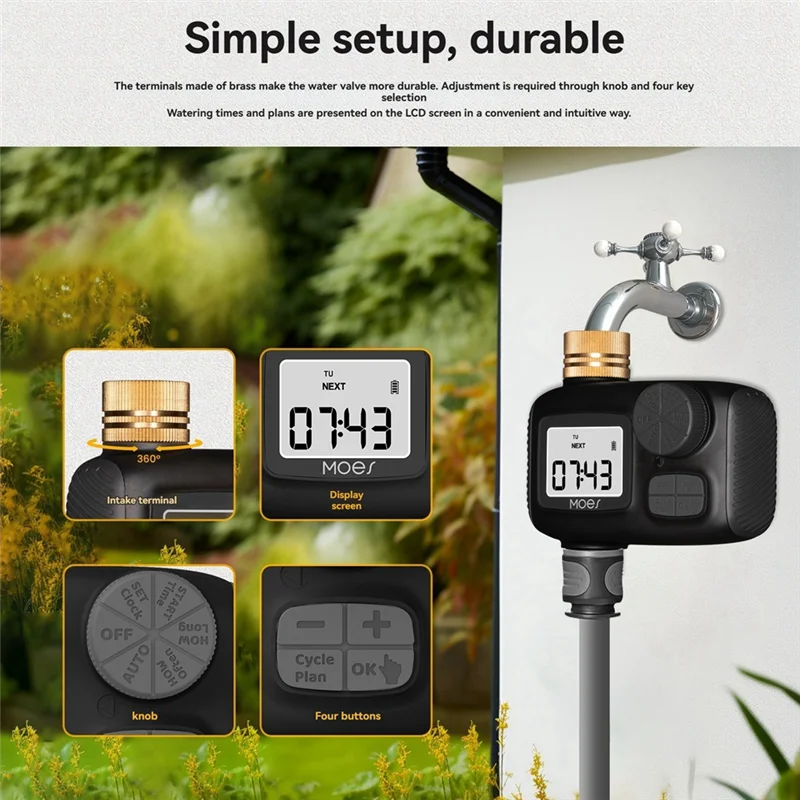 A45Z-MOES Water Timed Irrigation Water Valve With LCD Display Screen IP55 Waterproof Rotary Knob Button Control