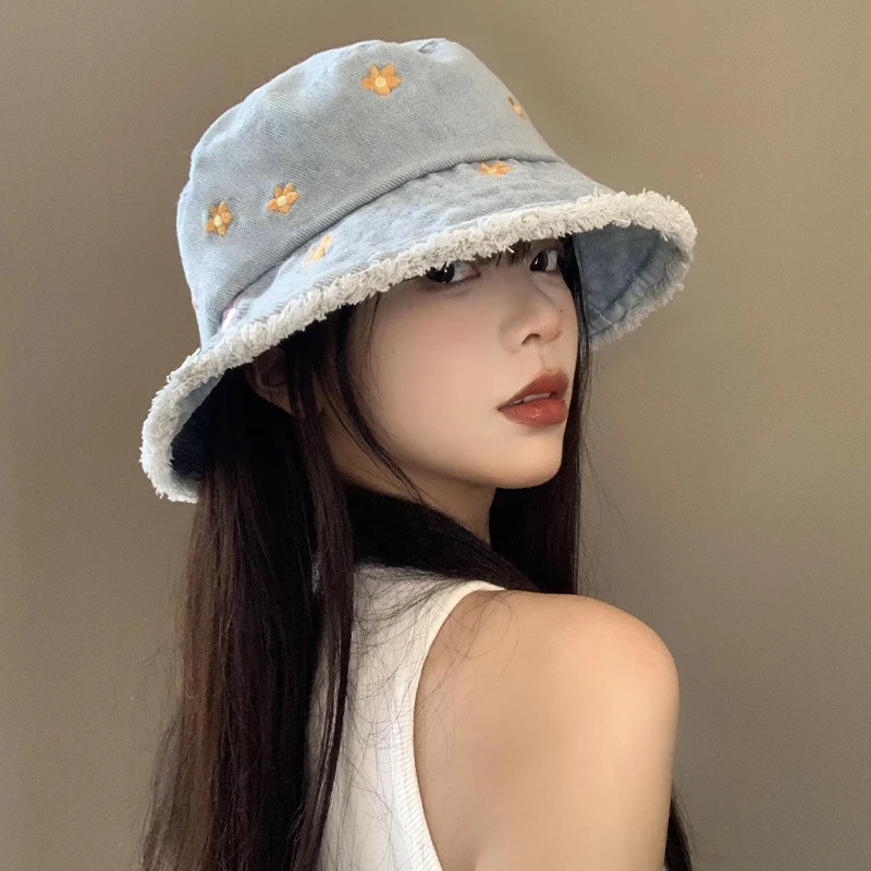 Cute Flower Embroidered Denim Bucket Hats Women Summer Outdoor Leisure Sun Protection Retro Rough Edge Harajuku Style Men's Cap