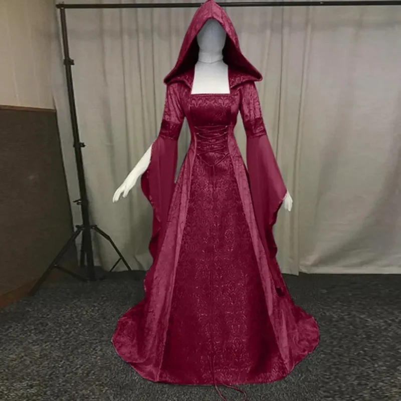 Abito da strega di lusso con cappuccio per donna, abito medievale rinascimentale, strascico maxi, costume da sposa, Halloween