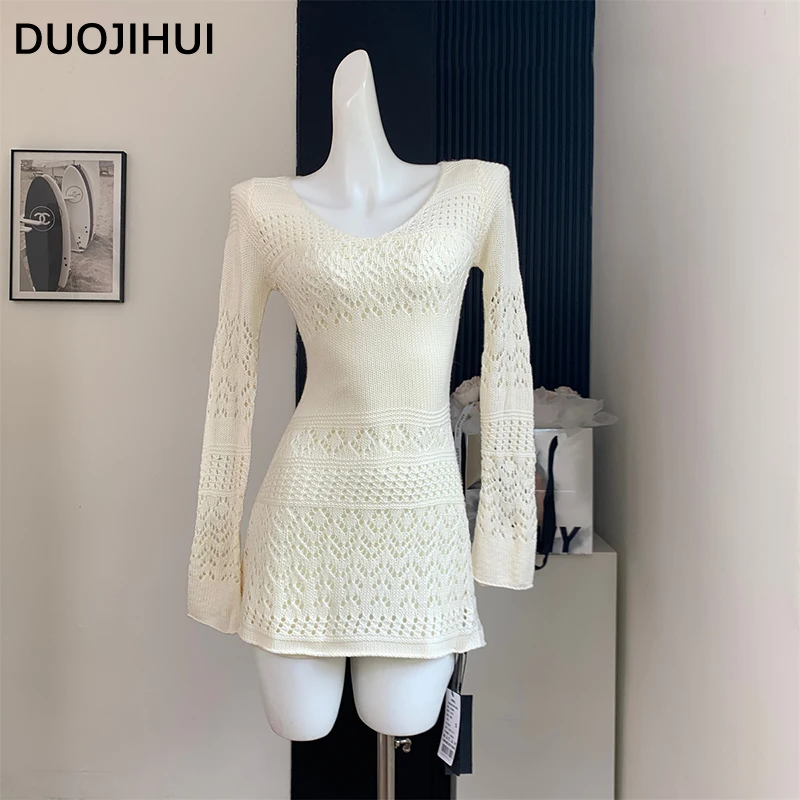 

DUOJIHUI Two Piece Simple Loose Knitted Female Dresses Chic Hollow Out Top Fashion Solid Color Basic Camisole Casual Women Dress