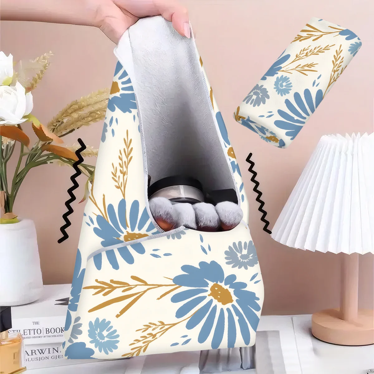 1pc Self-Adhesive Magic Universal Wrapping Cloth 2D Flat Japanese Fresh Misty Blue Daisy Printed Pattern Cloth Makeup Bag - view 4