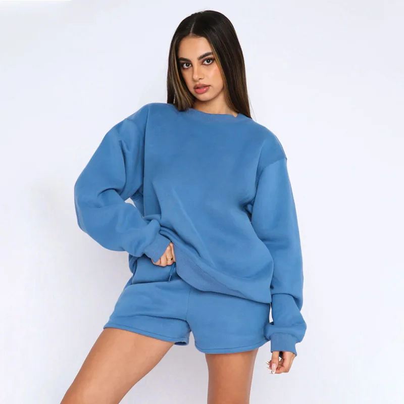 

2025 Spring Autumn Solid Color Round Neck Pullover Long-Sleeve Sweatshirt & Shorts Fashion Casual Loose Set for Women