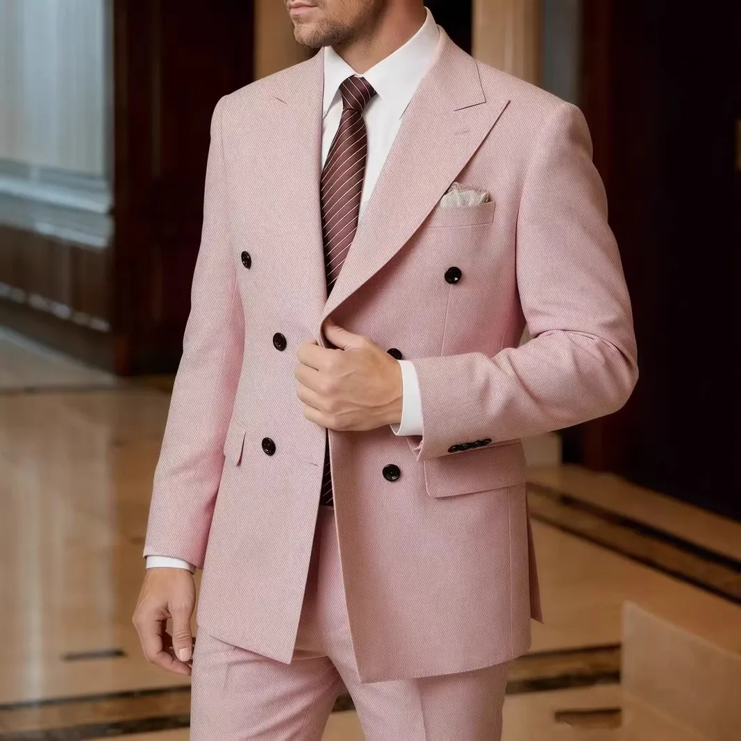 

Новый мужской костюм-двойка 2026 года с двубортным пиджаком и заостренными лацканами, цвета кофе, бежевый, розовый (пиджак и брюки), повседневный деловой стиль B