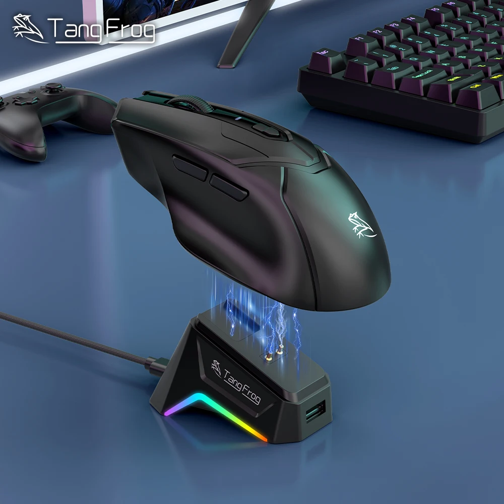 RGB Charging Dock Gaming Mouse TangFrog, Tri-Mode Connection, PAW3311 Sensor, 6 Adjustable DPI Levels, 1000Hz Polling Rate,