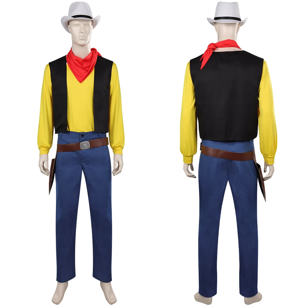 Cowboy Cos Luke Cosplay Kostuum Outfits Uniform Shirt Vest Hoed Broek Halloween Carnaval Vermomming Pak Voor Volwassen Mannen Rolspel