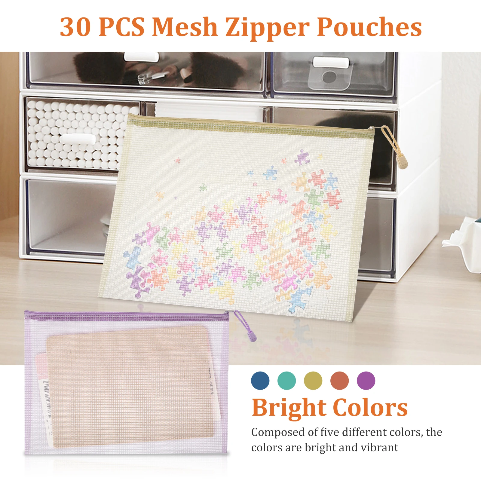 

30Pcs File Mesh Zipper Pouch A4 Size File Bag Waterproof and Transparent Storage Bag Travel Bags Document Office Supplies