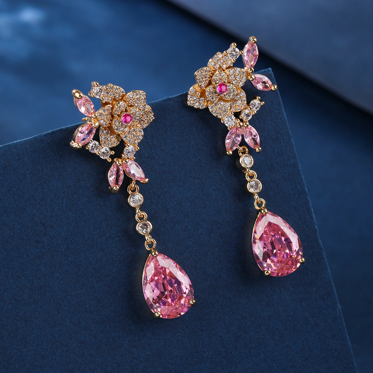 

Luxury Long Water Drop Cubic Zircon Rose Flower Earrings for Women Fashion Jewelry Birthday Party Jewelry CE10054