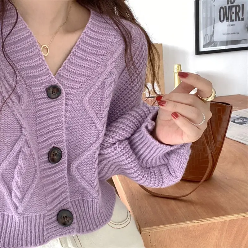 Rimocy V Neck Cropped Cardigan Women Long Sleeve Twist Knitted Sweater Coats Woman Korean Fashion Solid Color Button Up Cardigan