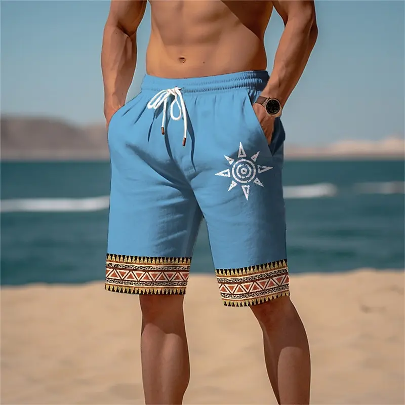 Fashion Outdoor Casual Men\'s Drawstring Shorts Quick Drying Breathable Beach Boardshorts Vintage Ethnic Print Sportswear Trunks