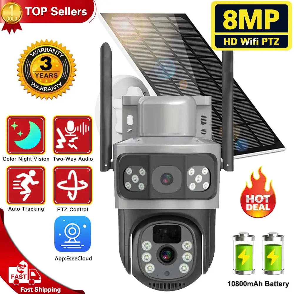 

4K 8MP WiFi Solar Battery Camera 128G Card Dual Lens Dual Screen Outdoor Security Protection PTZ Cam PIR Human Detection CCTV