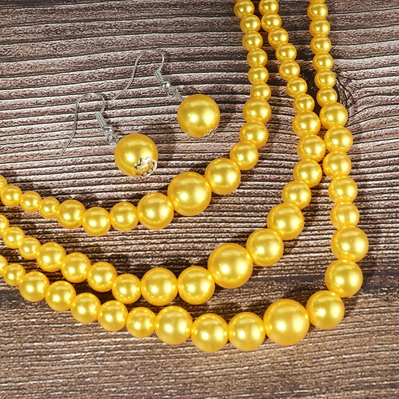 1set Three Layer Imitation Pearl Jewelry Set Party Orange Yellow Necklace Earrings For Women African Necklace Earrings S