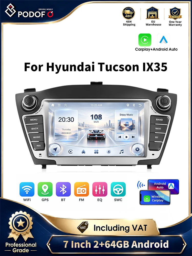 Podofo – 7-calowy samochodowy system multimedialny z ekranem dotykowym, systemem Android, 2 GB pamięci RAM, 64 GB pamięci ROM, nawigacją GPS, bezprzewodową funkcją CarPlay, funkcją Android Auto, — 2